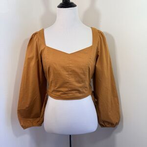 Lyn Burches Smocked Crop Top S Puff Sleeve Cottagecore Blouse Brown Ren Faire